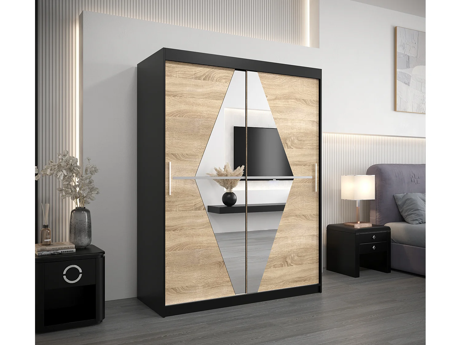 Schwebetürenschrank Boliwia 200/150/62 2-Türig (Schwarz/Sonoma)