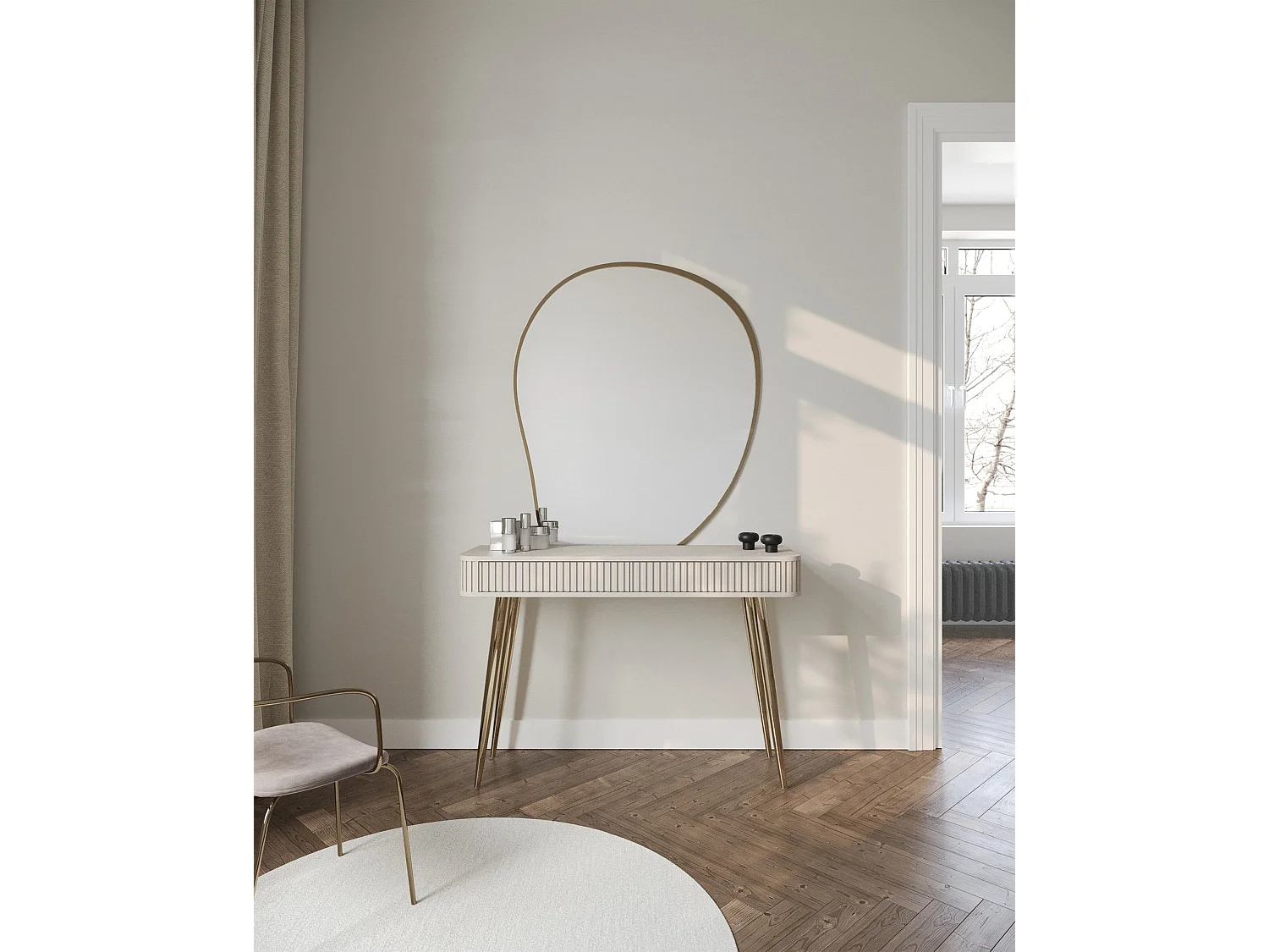 Coiffeuse avec 2 tiroirs et façades cannelées - 113 cm - grėge - OVARLO