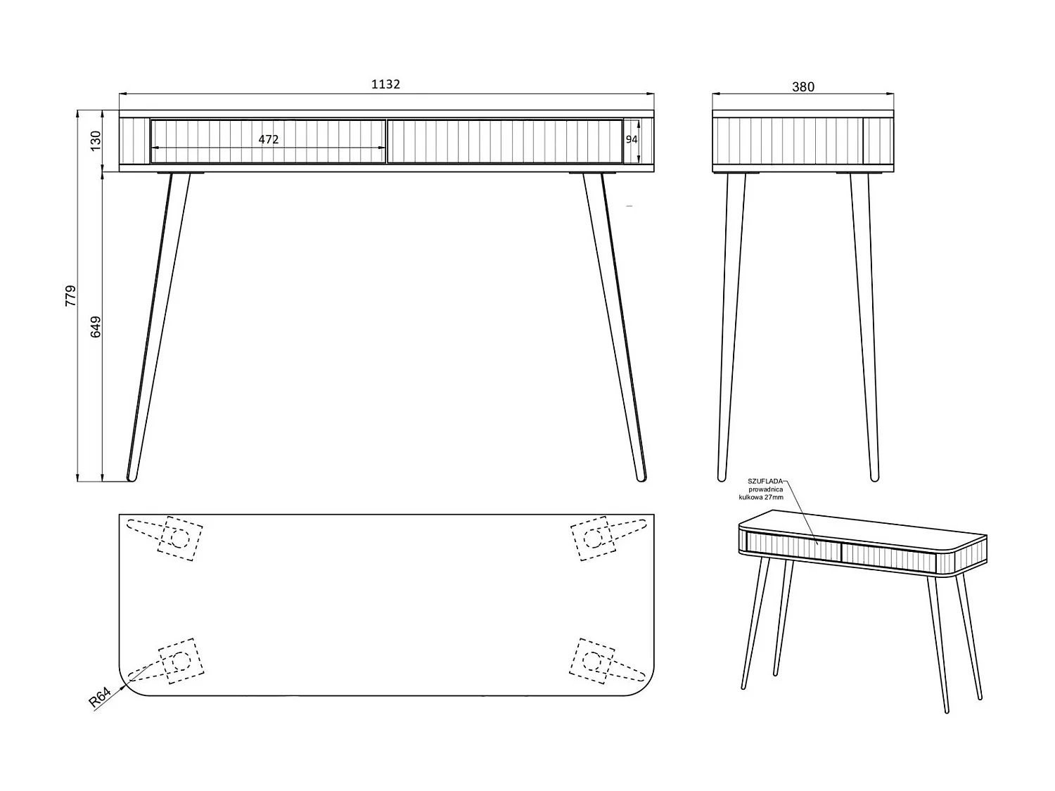 Coiffeuse avec 2 tiroirs et façades cannelées - 113 cm - grėge - OVARLO