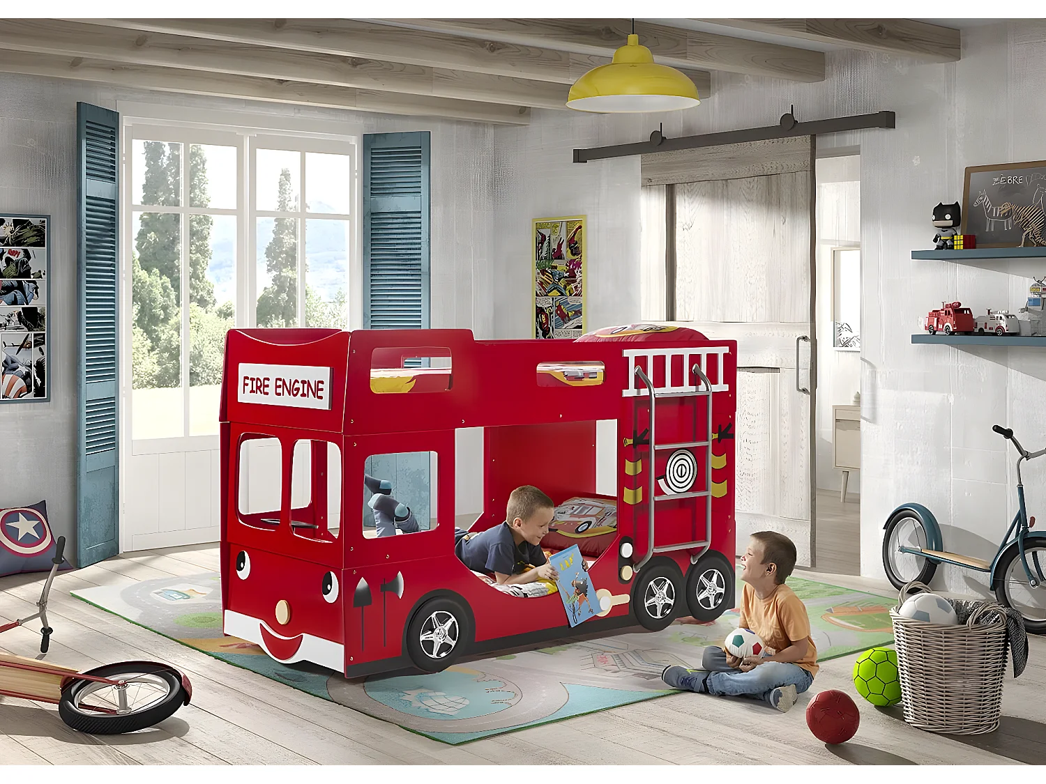 Lits superposés AUTO BB005 90x200 cm Rouge