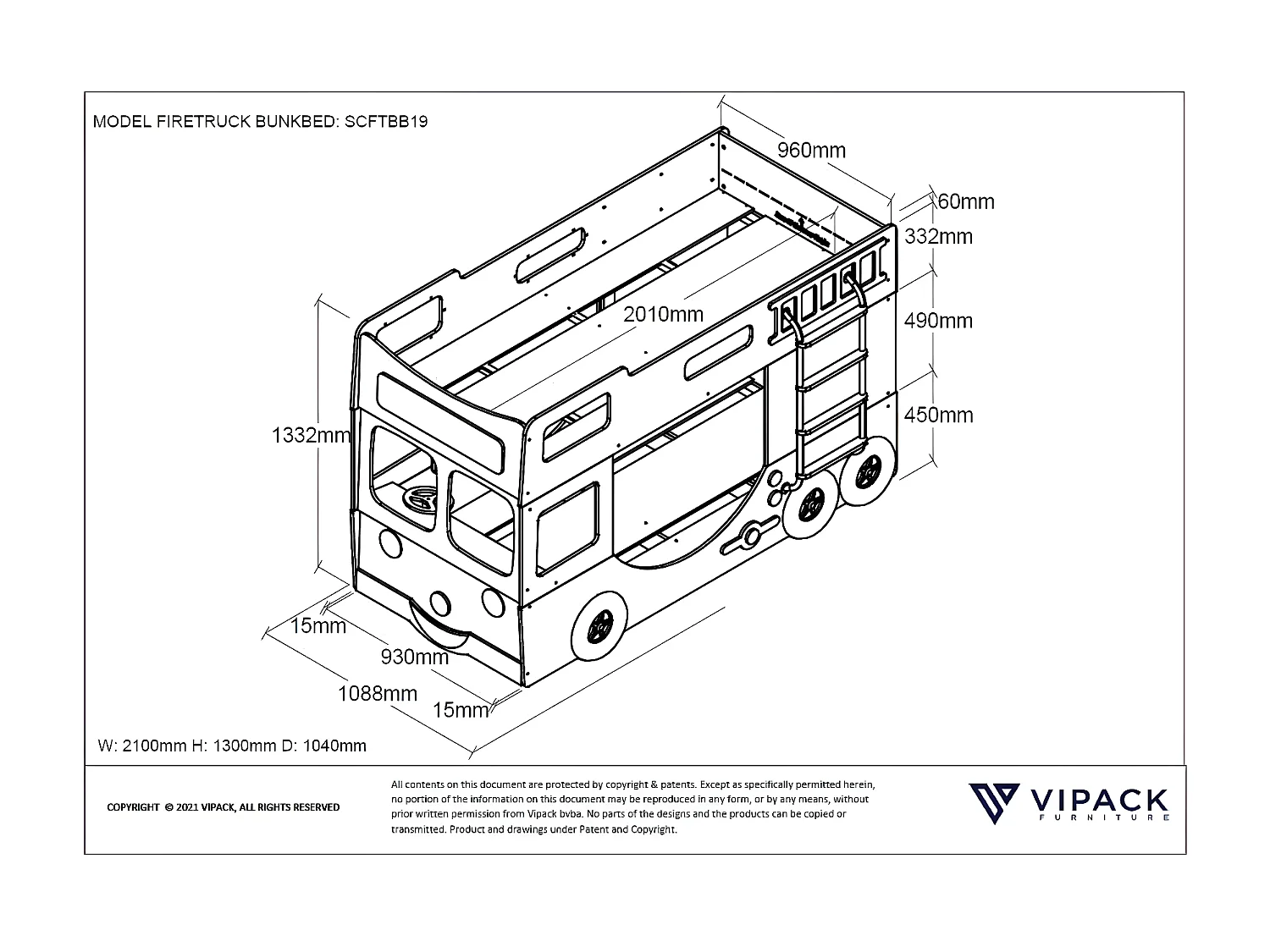 Lits superposés AUTO BB005 90x200 cm Rouge