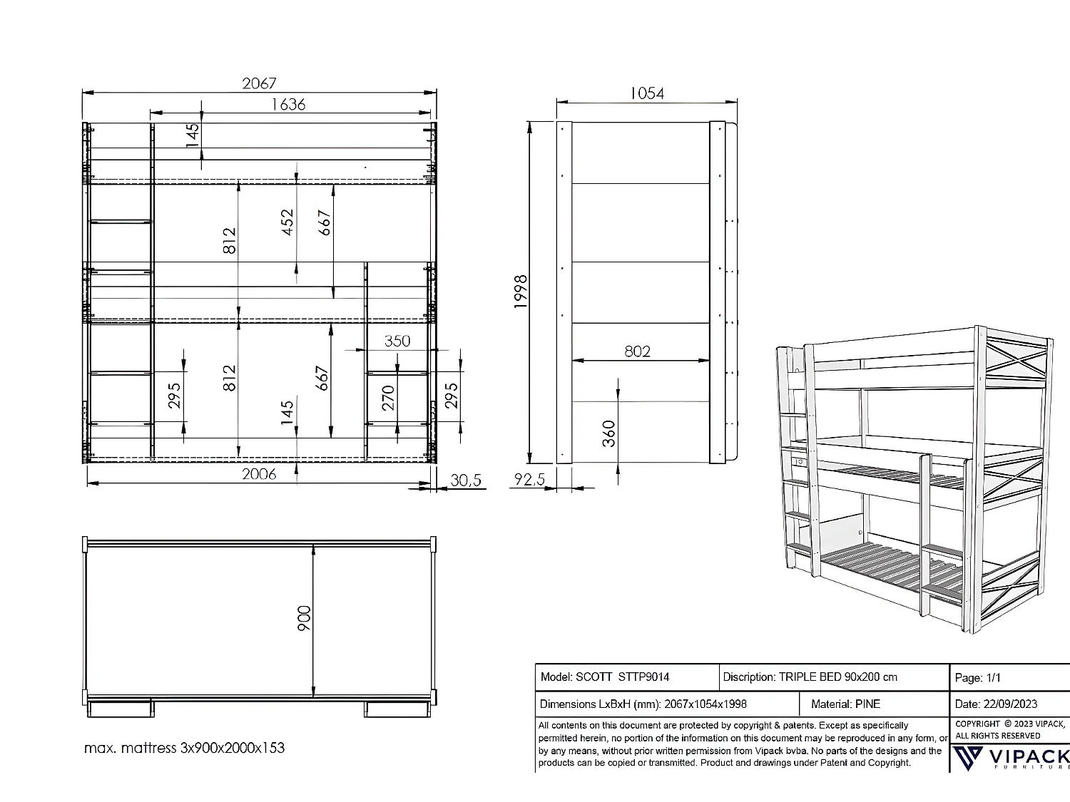 Stapelbed SCOTT BB005 90x200 cm Wit