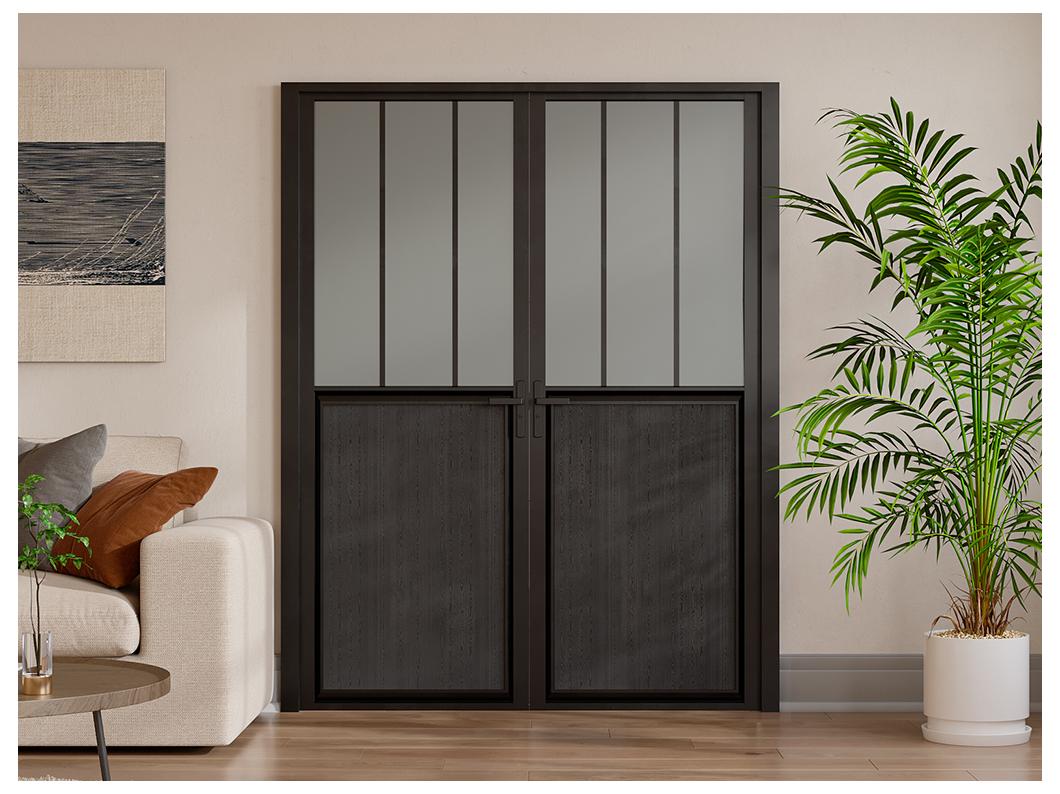 Bloc porte réversible à deux battants en aluminium et verre trempé dépoli style atelier - 2 x H204 x L73 cm - Noir - ERMELO