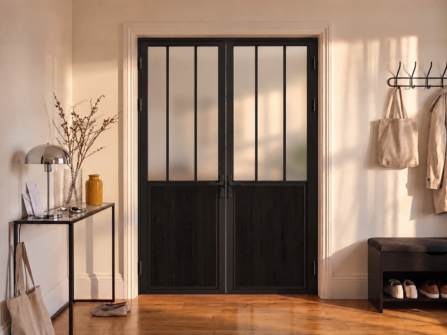 Vente-unique - Tür-Set - zwei Flügel - wendbar - Aluminium & Sicherheitsglas mattiert - Industrial Style - 2 x 204 x 83 cm - Schwarz - ermelo