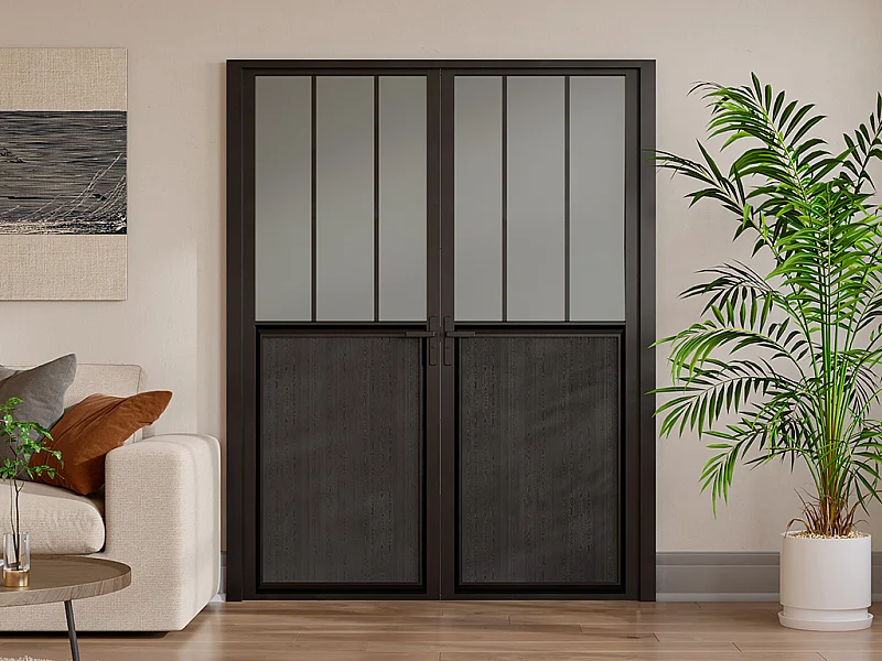 Tür-Set - zwei Flügel - wendbar - Aluminium & Sicherheitsglas mattiert - Industrial Style - 2 x 204 x 93 cm - Schwarz - ERMELO