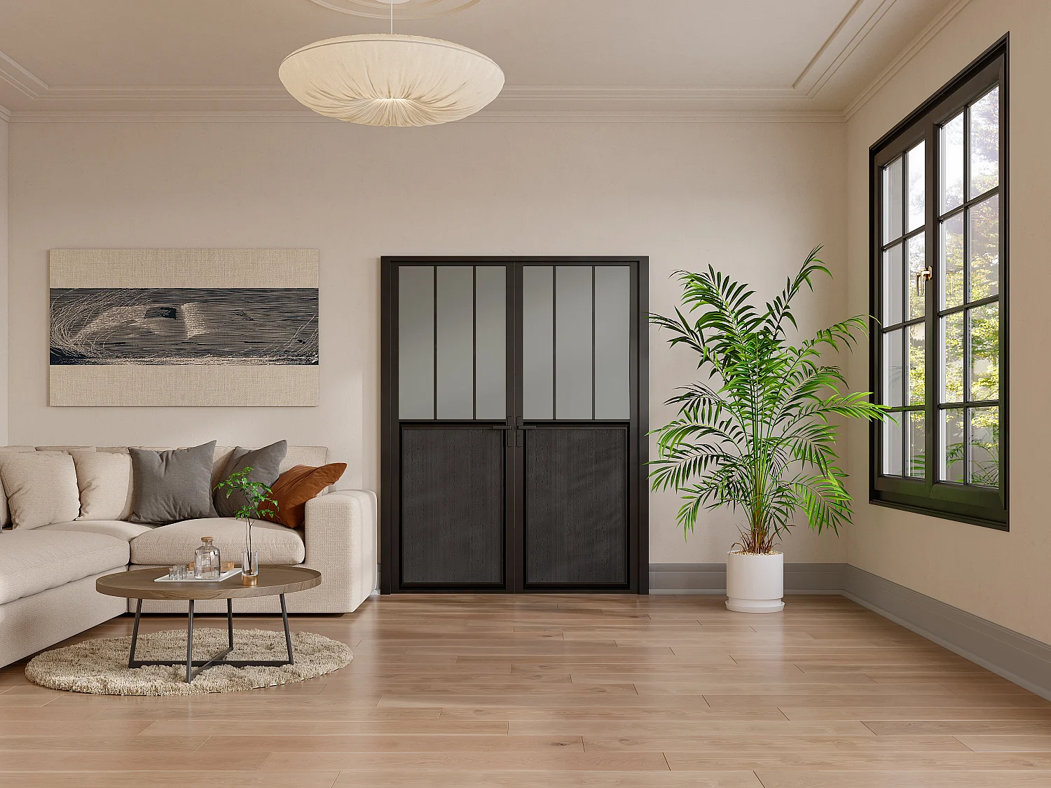 Puerta reversible de dos hojas en aluminio y vidrio templado esmerilado tipo taller - 2 x Alt. 204 x L93 cm - Negro - ERMELO