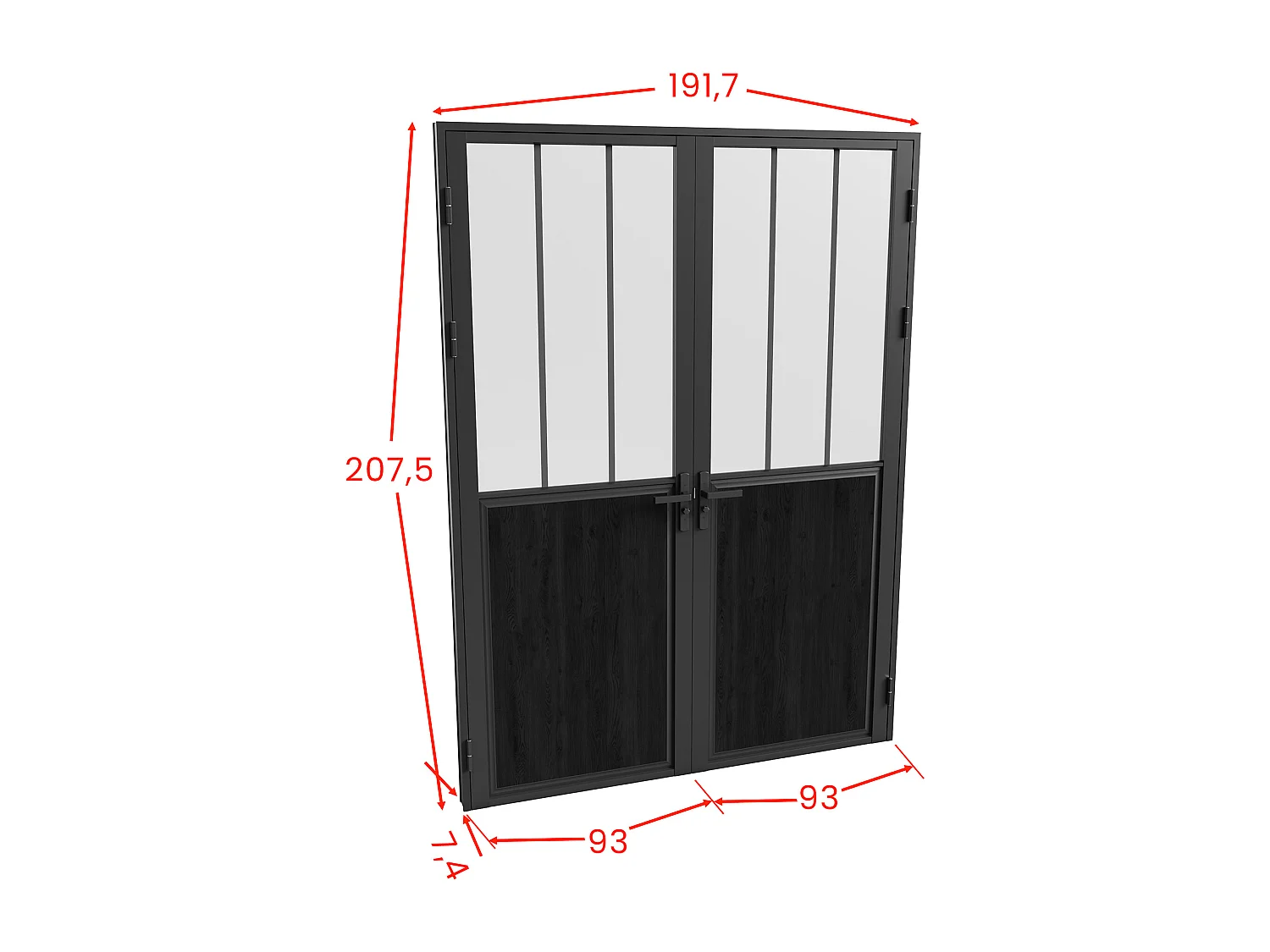 Puerta reversible de dos hojas en aluminio y vidrio templado esmerilado tipo taller - 2 x Alt. 204 x L93 cm - Negro - ERMELO