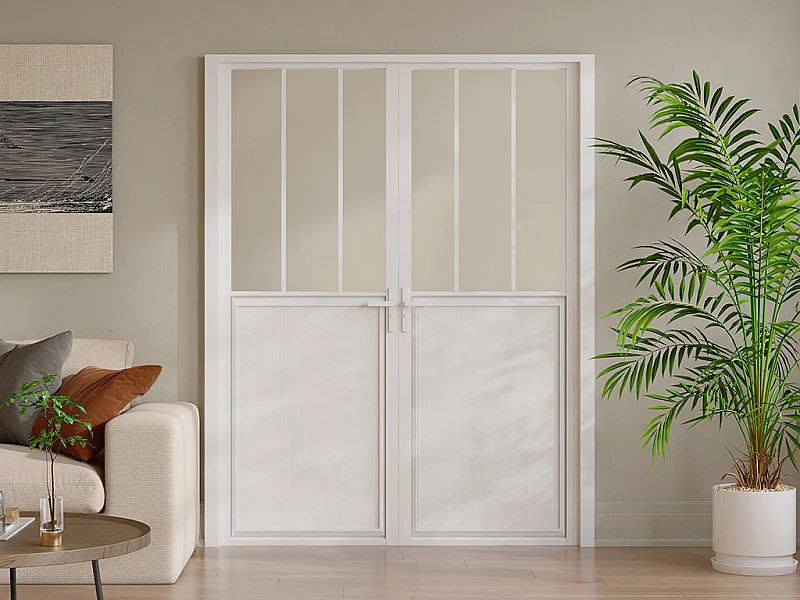 Omkeerbare dubbele deur van aluminium en gehard glas met werkplaatsstijl - 2 x H204 x B73 cm - Wit - ERMELO