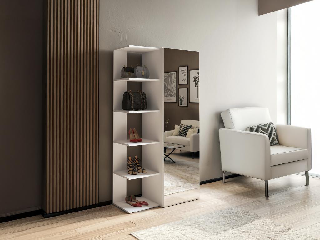 Meuble à chaussures avec 4 étagères et 1 porte miroir - Blanc - SYLANY