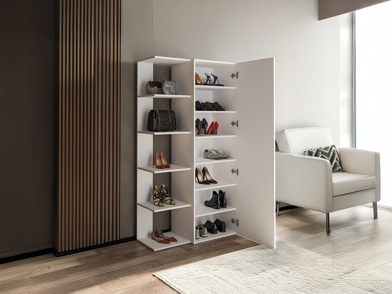 Meuble à chaussures avec 4 étagères et 1 porte miroir - Blanc - SYLANY