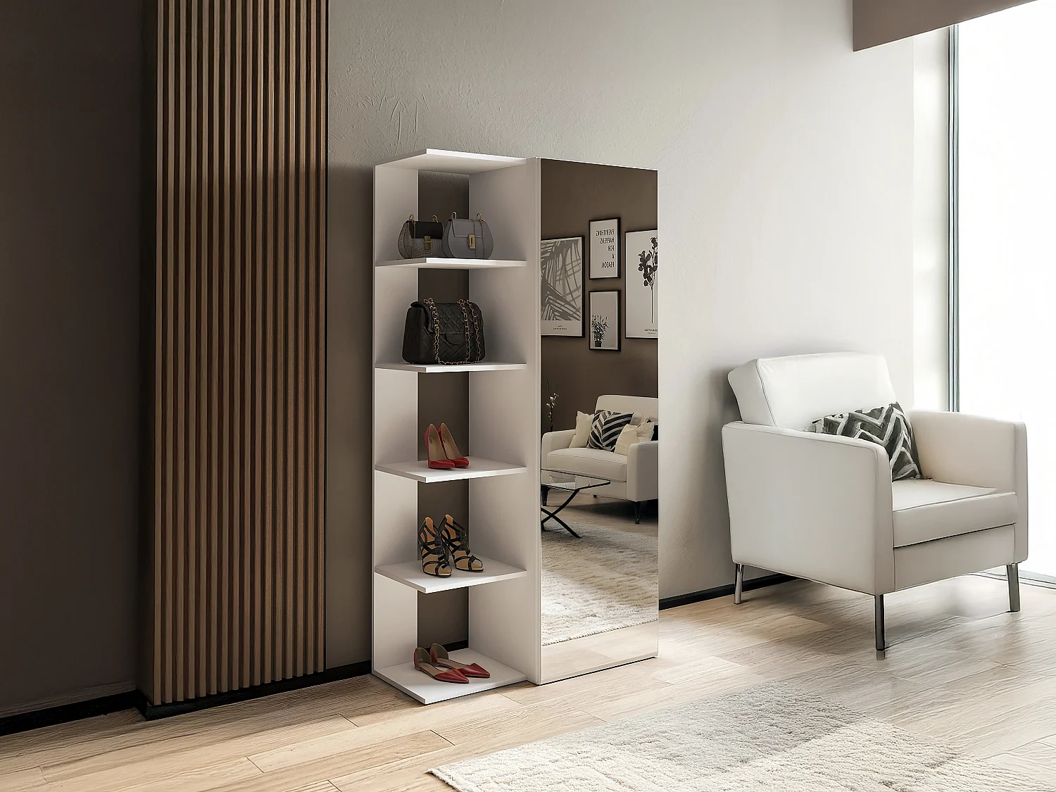 Meuble à chaussures avec 4 étagères et 1 porte miroir - Blanc - SYLANY