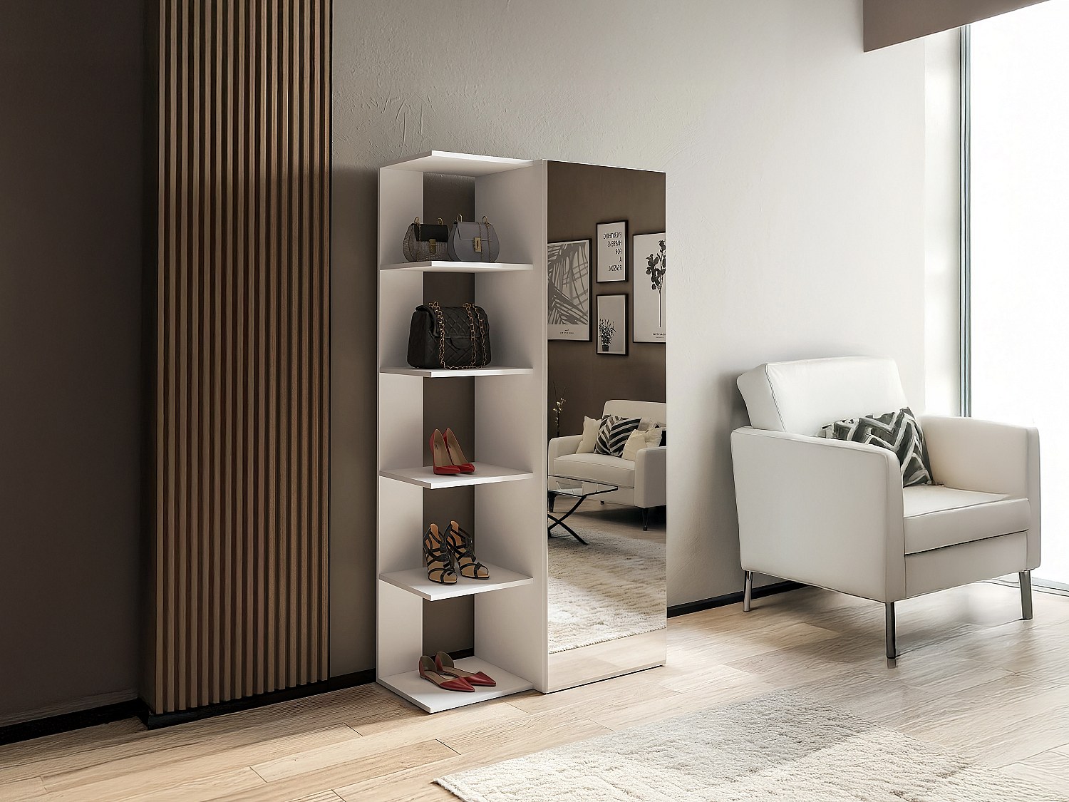 Schuhschrank mit 4 Regalen & 1 Spiegeltür - Weiß - SYLANY günstig online kaufen