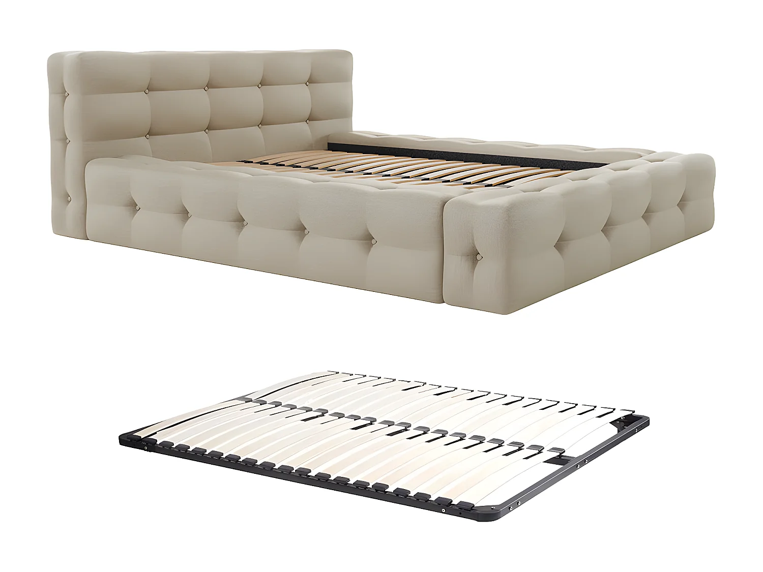 Bed met capitonnage 160 x 200 cm - Gechineerde stof - Beige + bedbodem - LERUCO van Pascal Morabito