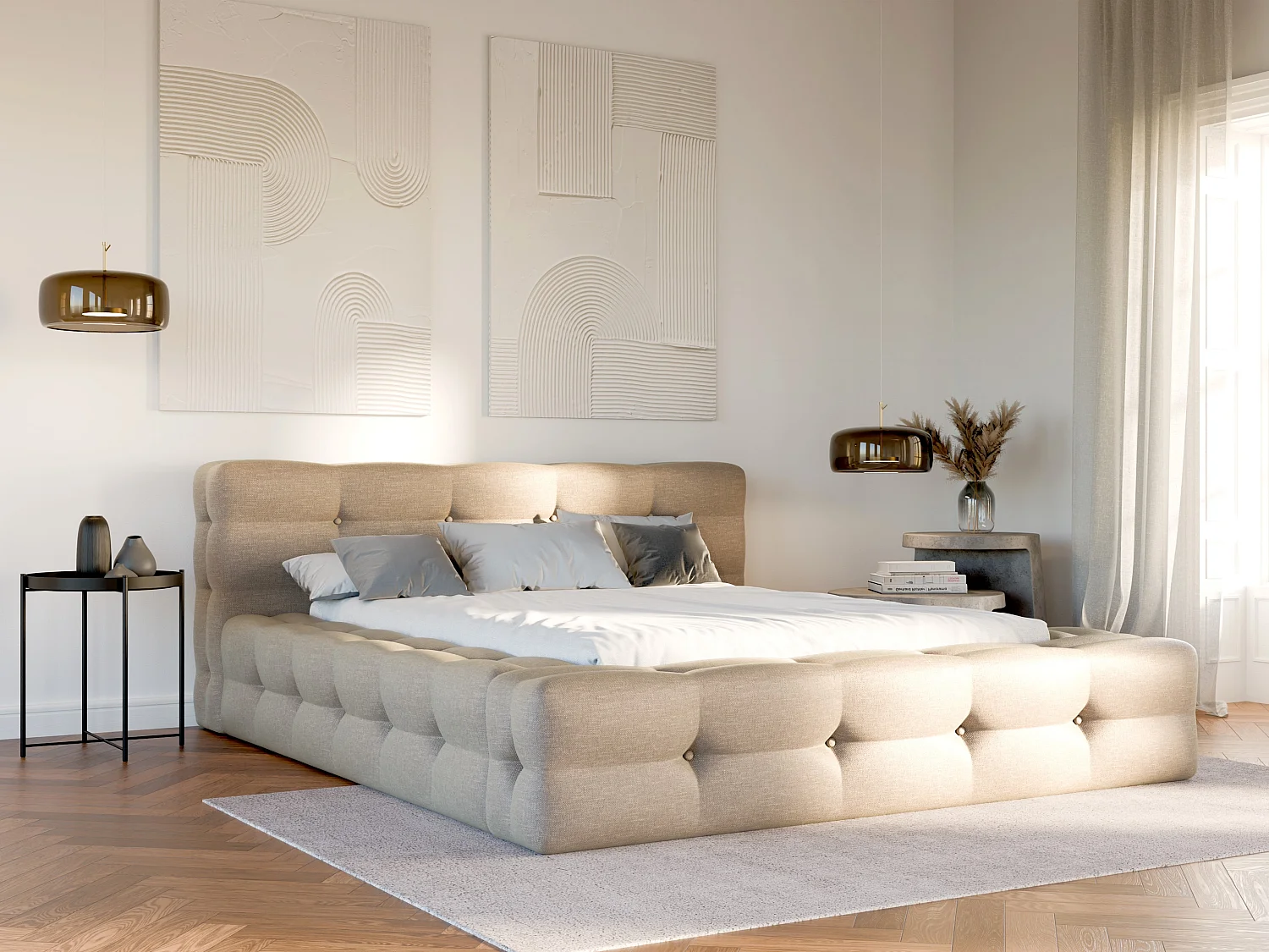 Lit capitonné 160 x 200 cm - Tissu chiné - Beige + Sommier - LERUCO de Pascal Morabito