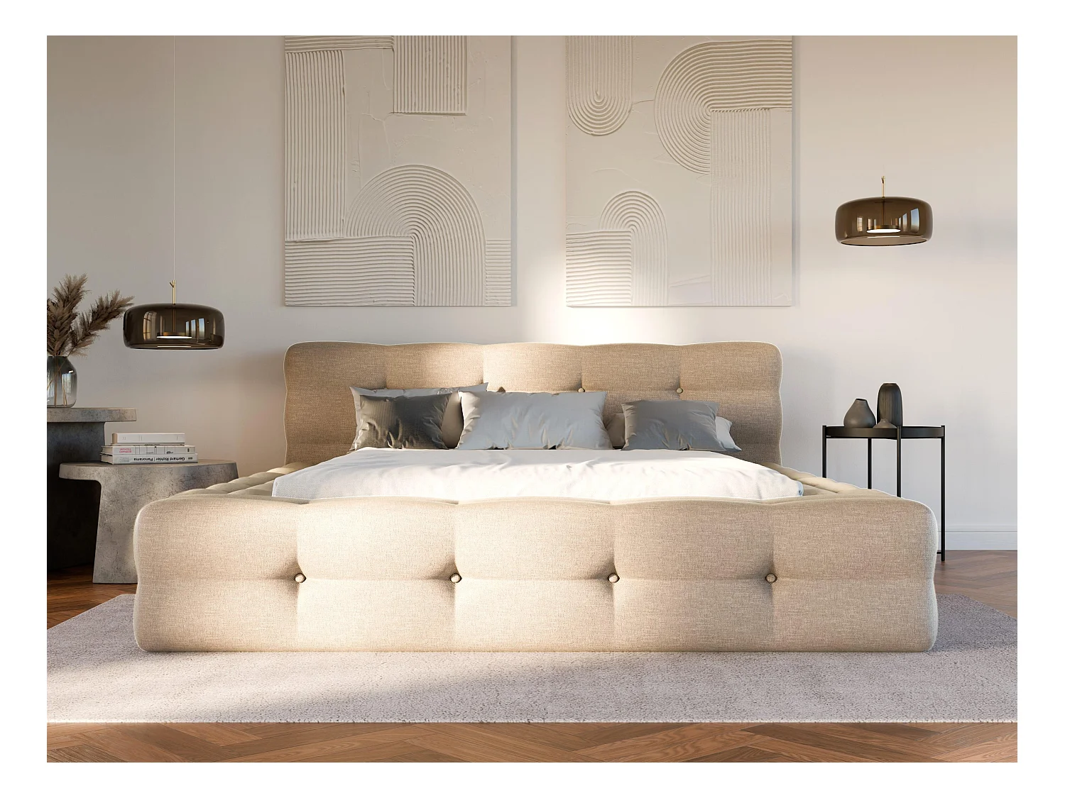 Cama capitoné 160 x 200 cm - Tela jaspeada - Beige + Somier - LERUCO de Pascal Morabito