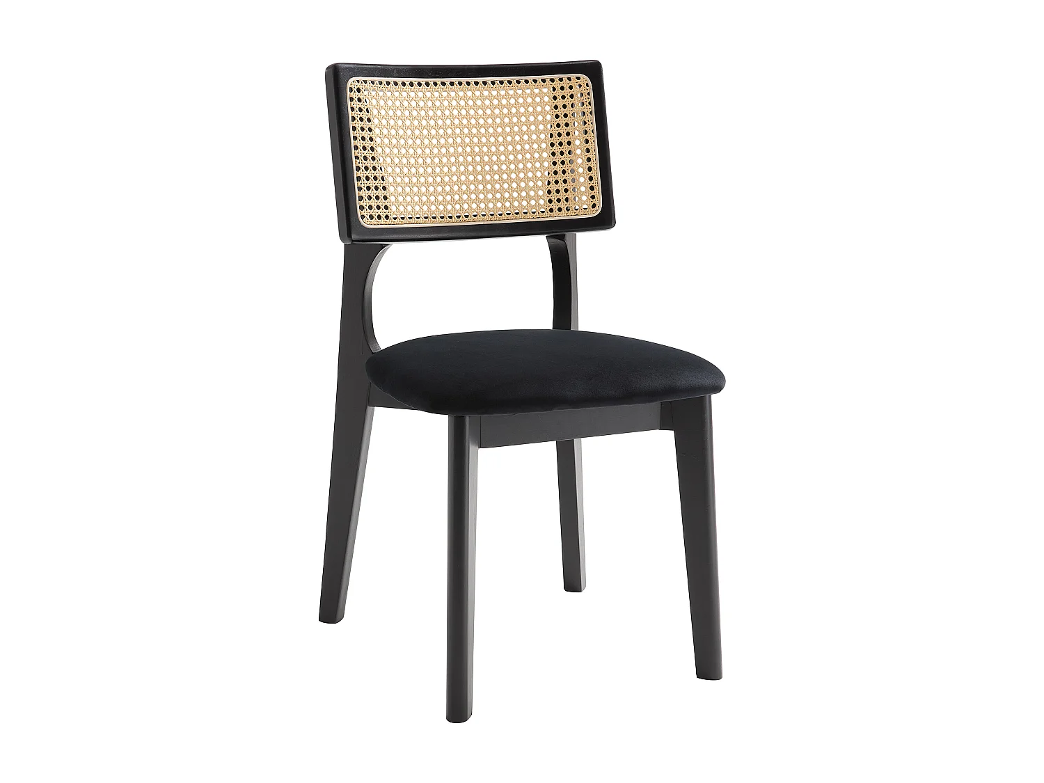 Lot de 2 chaises en velours, effet rotin et bois d'hévéa - Noir - CALENYA