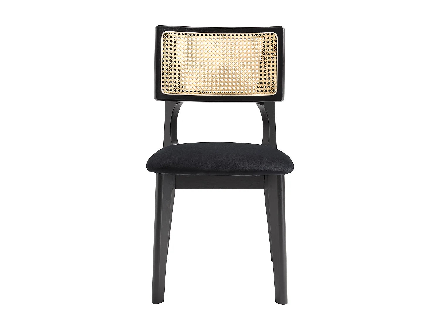 Lot de 2 chaises en velours, effet rotin et bois d'hévéa - Noir - CALENYA