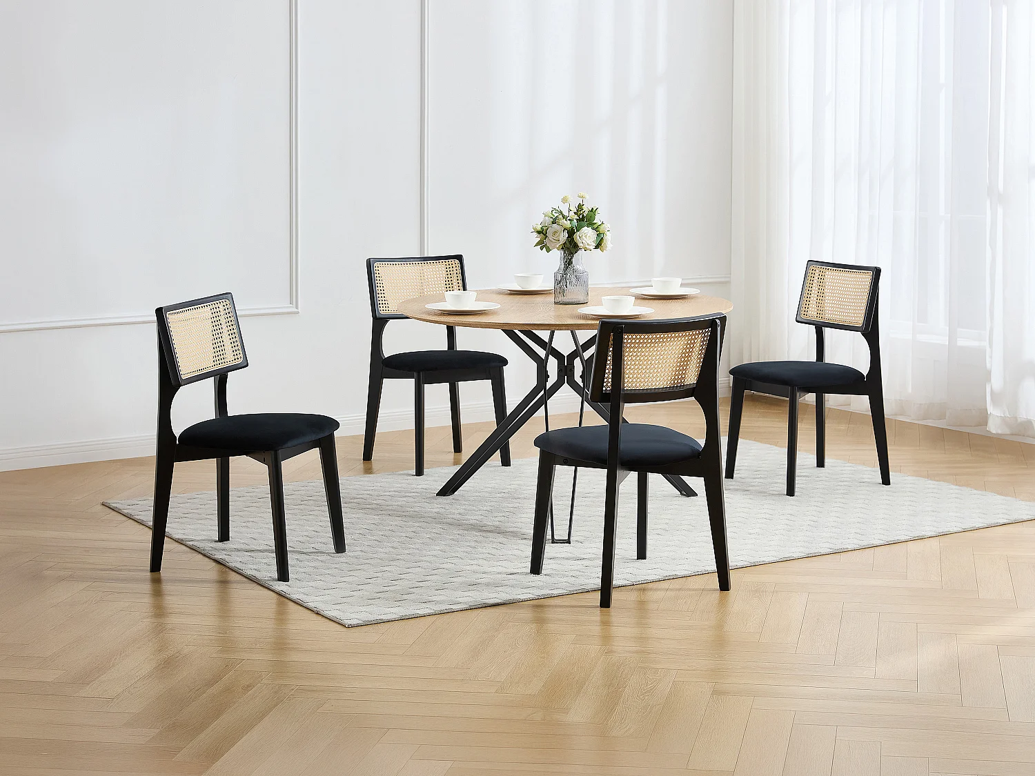 Lot de 2 chaises en velours, effet rotin et bois d'hévéa - Noir - CALENYA