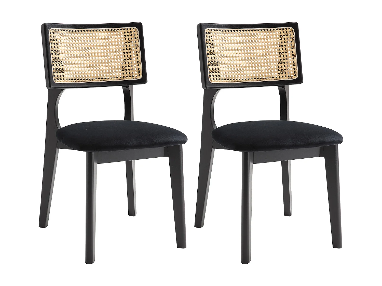 Lot de 2 chaises en velours, effet rotin et bois d'hévéa - Noir - CALENYA