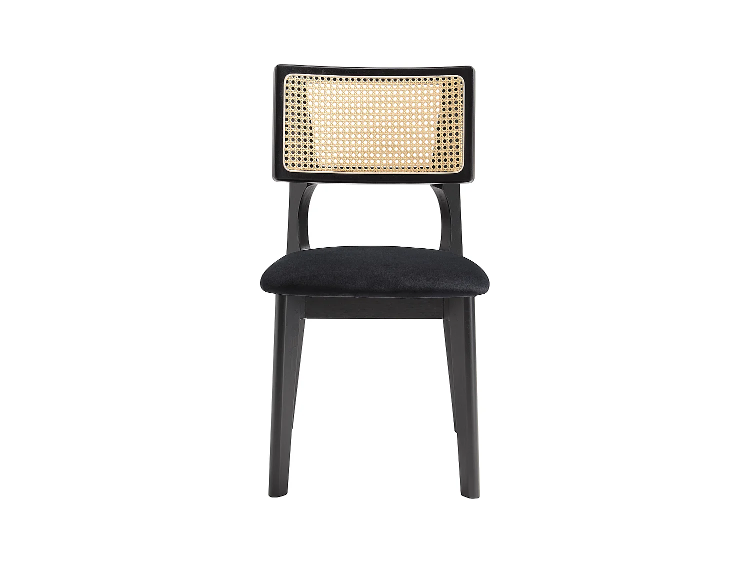 Lot de 2 chaises en velours, effet rotin et bois d'hévéa - Noir - CALENYA