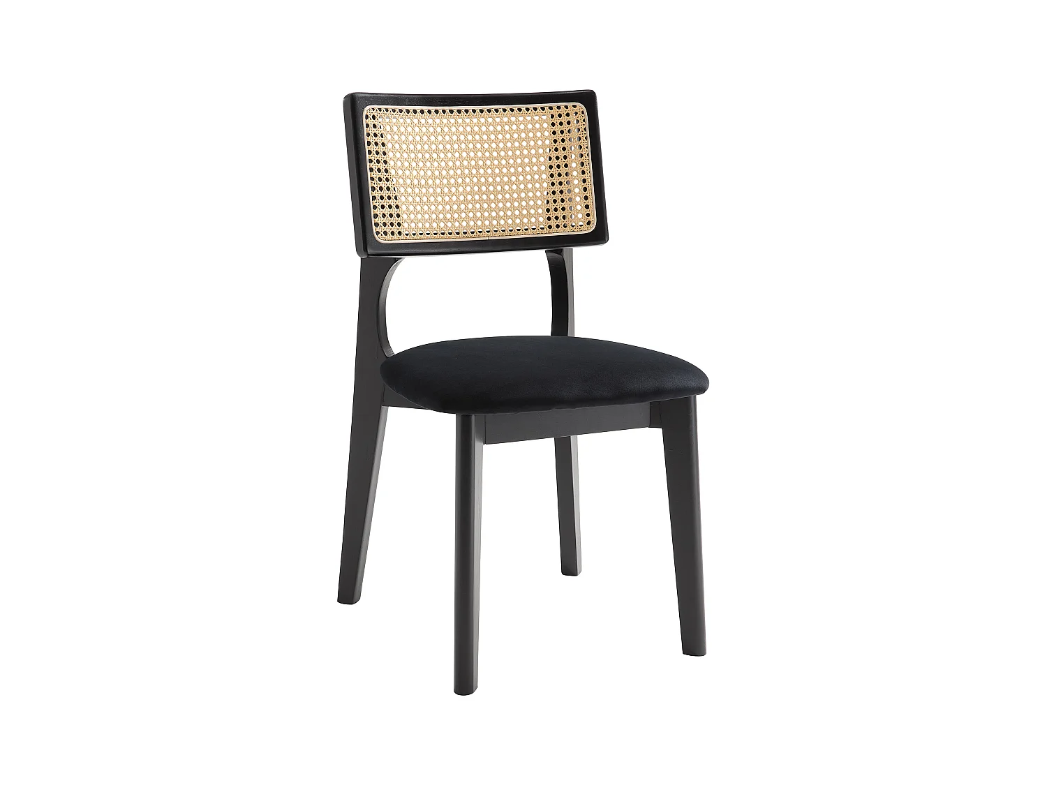 Lot de 2 chaises en velours, effet rotin et bois d'hévéa - Noir - CALENYA