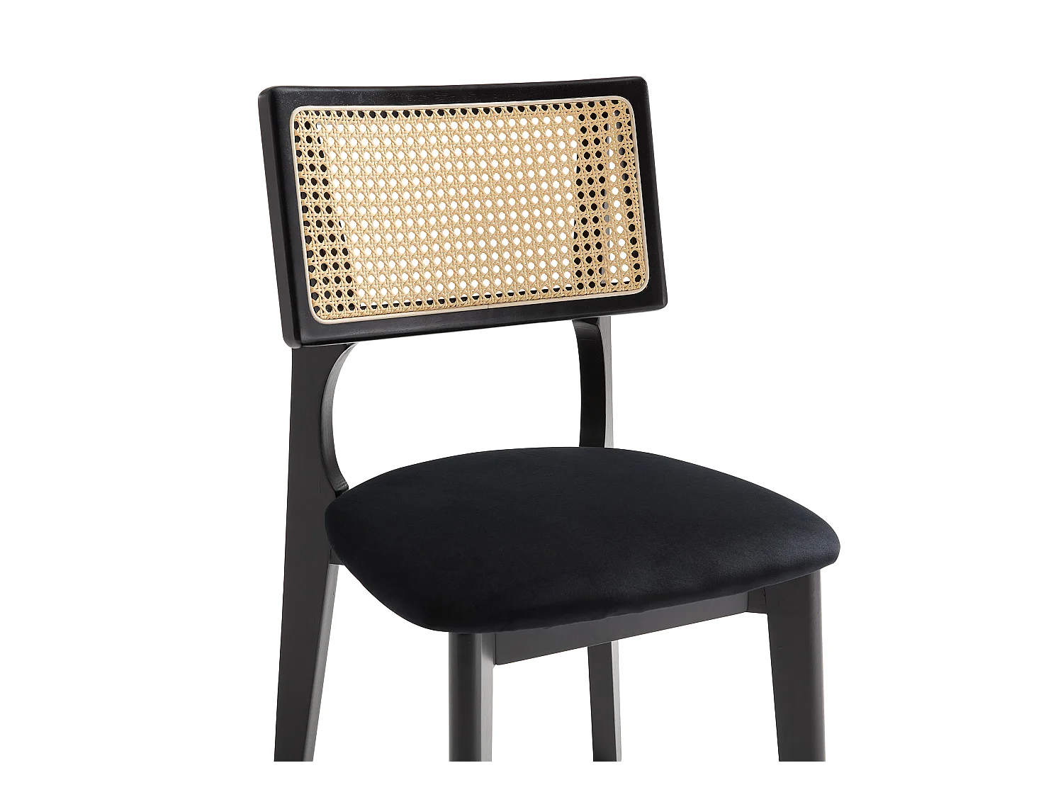Lot de 2 chaises en velours, effet rotin et bois d'hévéa - Noir - CALENYA