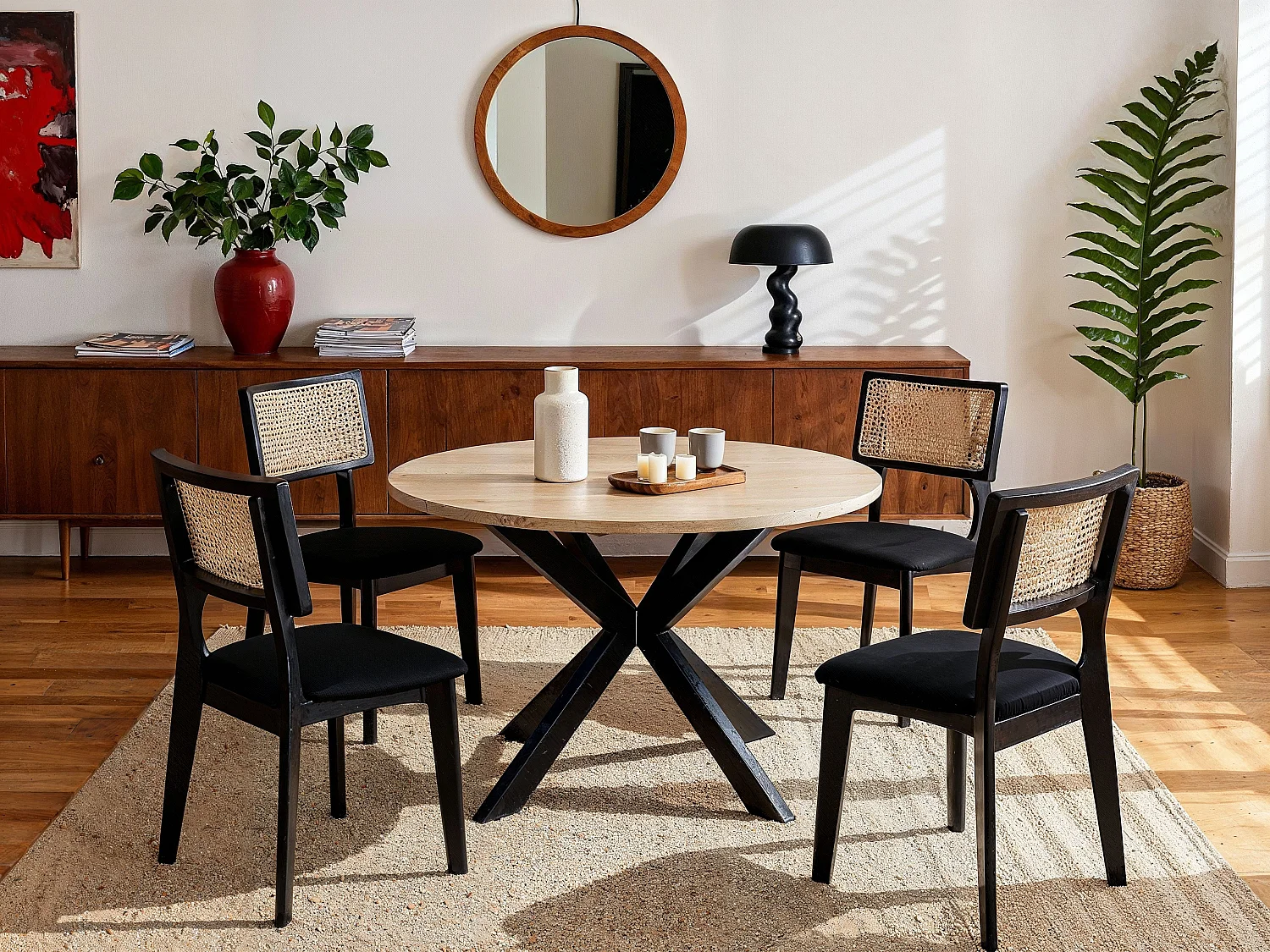 Lot de 2 chaises en velours, effet rotin et bois d'hévéa - Noir - CALENYA