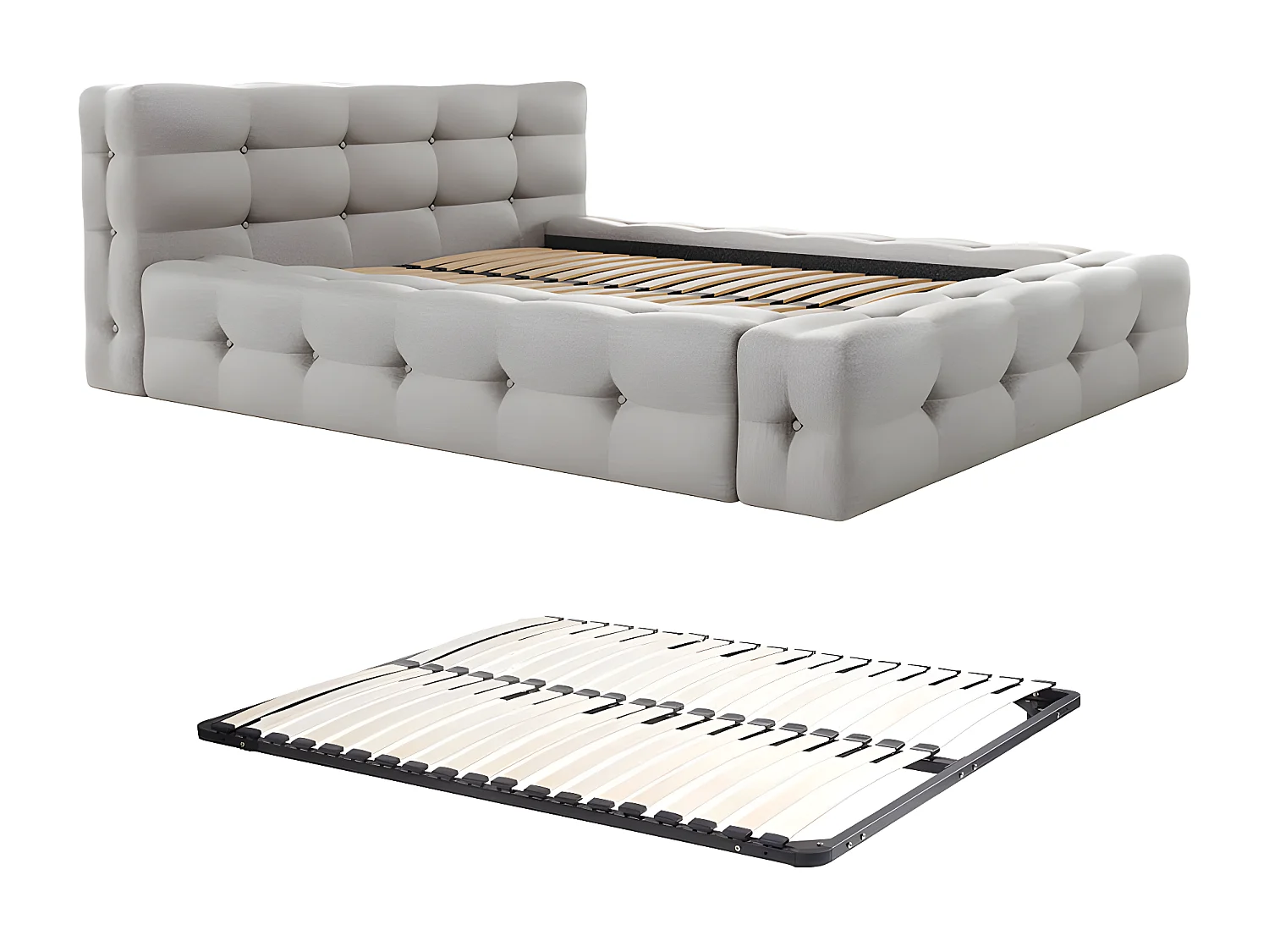 Lit capitonné 140 x 190 cm - Tissu chiné - Gris clair + Sommier - LERUCO de Pascal Morabito