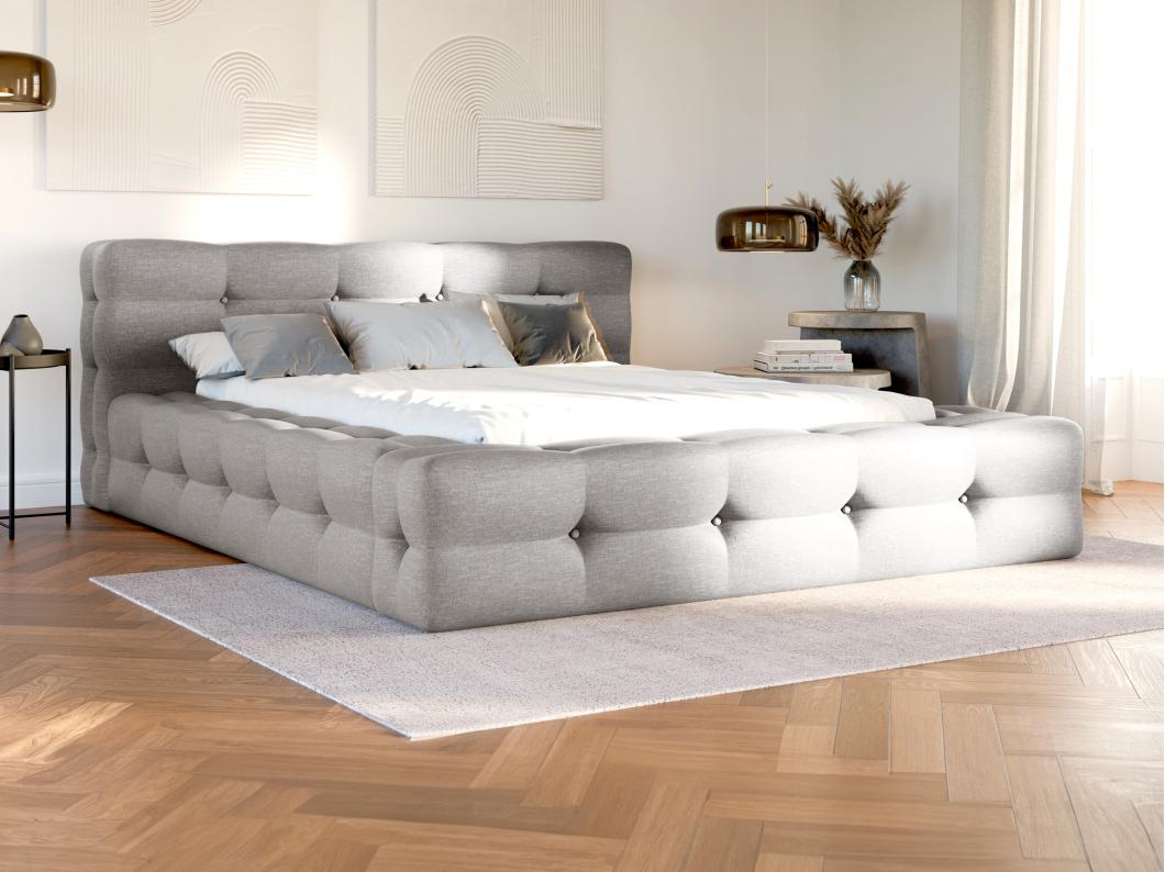 Cama capitoné 140 x 190 cm - Tela jaspeada - Gris claro + Somier - LERUCO de Pascal Morabito