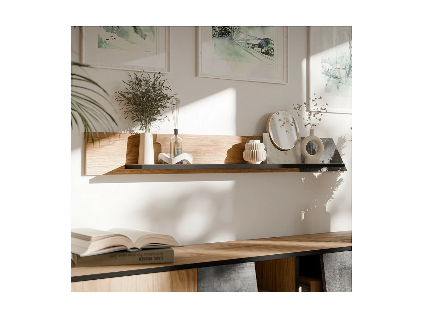 Etagère murale design couleur chêne et béton foncé Ludwig