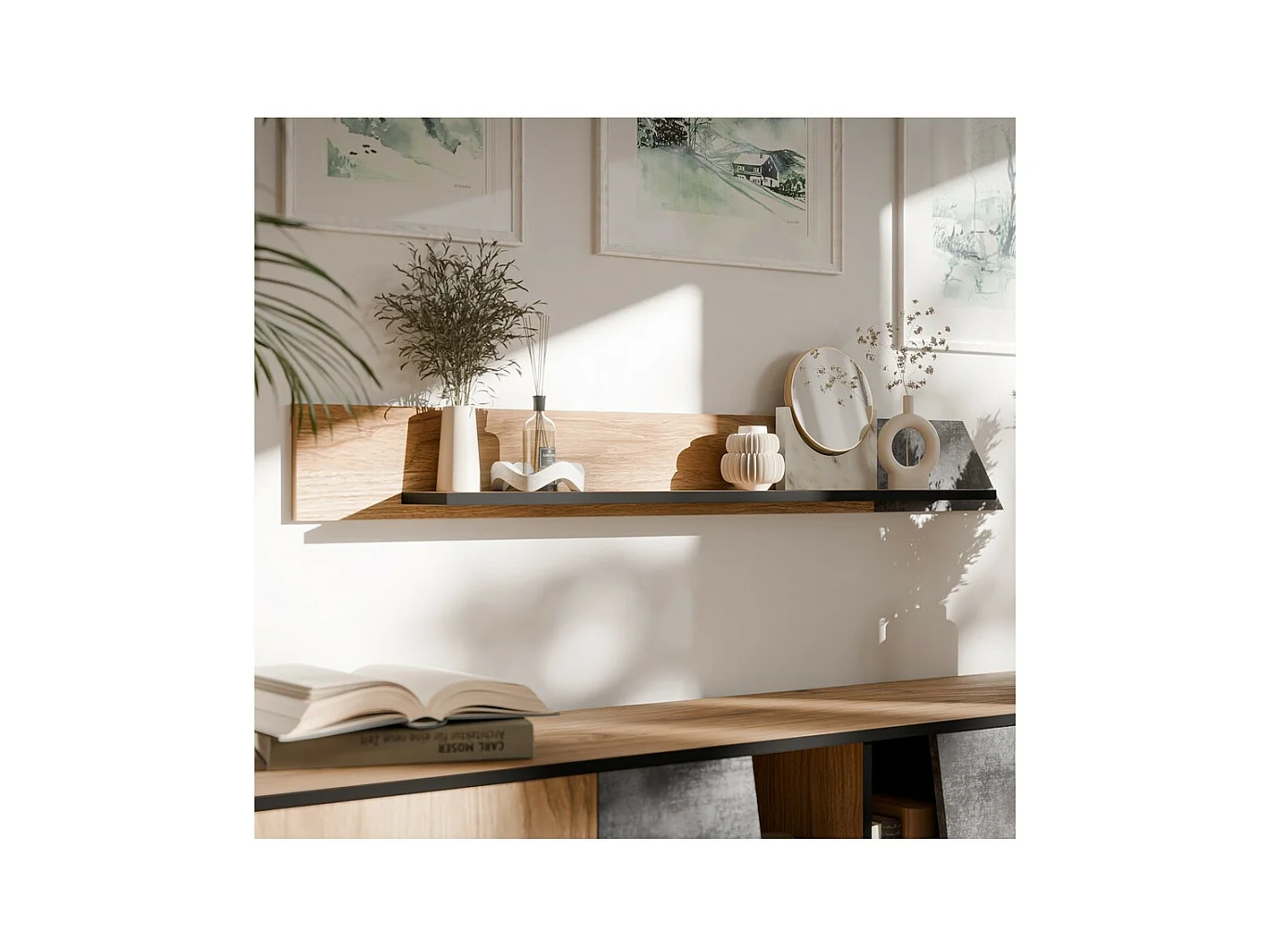 Estantería de pared de diseño en roble y hormigón oscuro Ludwig