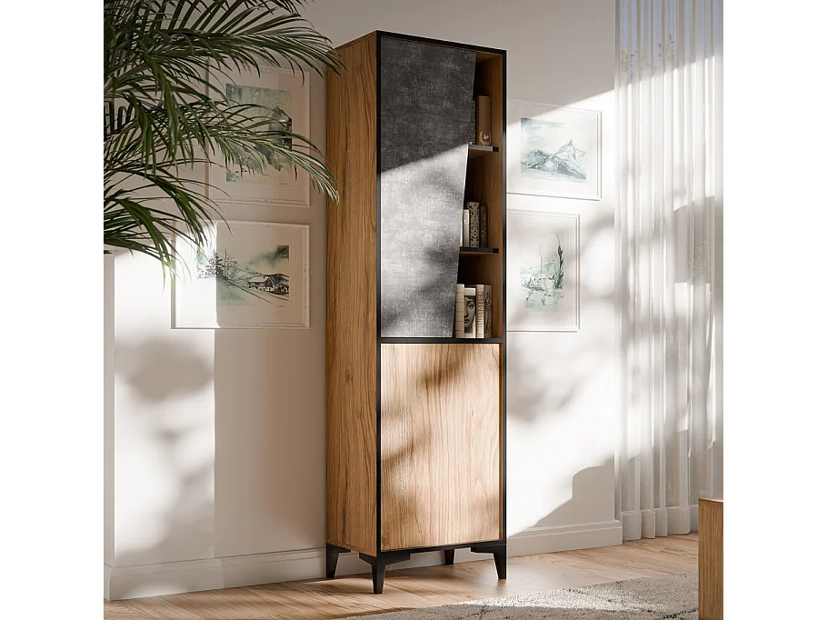 Mueble de almacenamiento de diseño en roble oscuro y hormigón con 2 puertas Ludwig