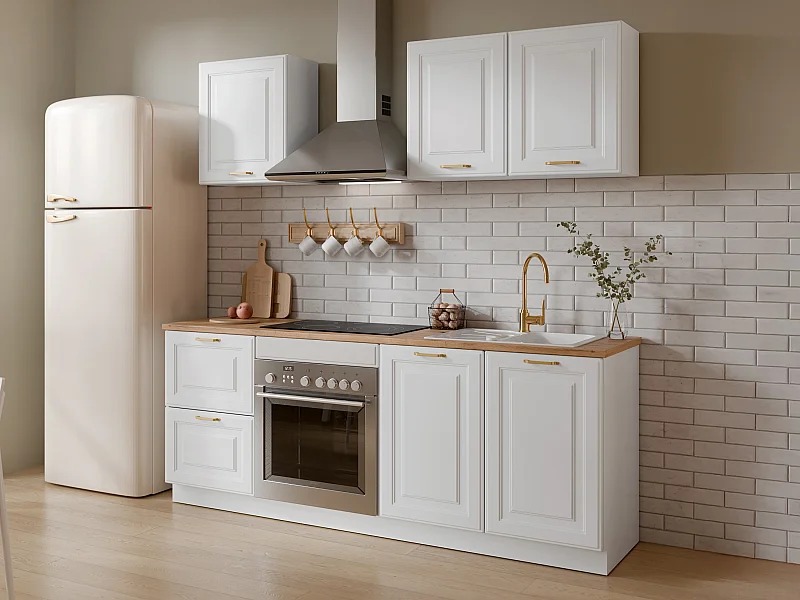 Cozinha completa com plano de trabalho 200 cm branco e natural - CELOMIA