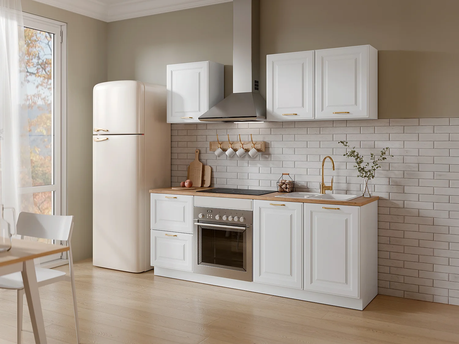Cuisine complète - Avec plan de travail 200 cm - Blanc et naturel - CELOMIA