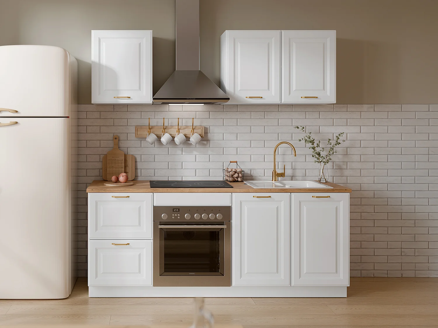 Complete keuken - Met werkblad 200 cm - Wit en naturel - CELOMIA