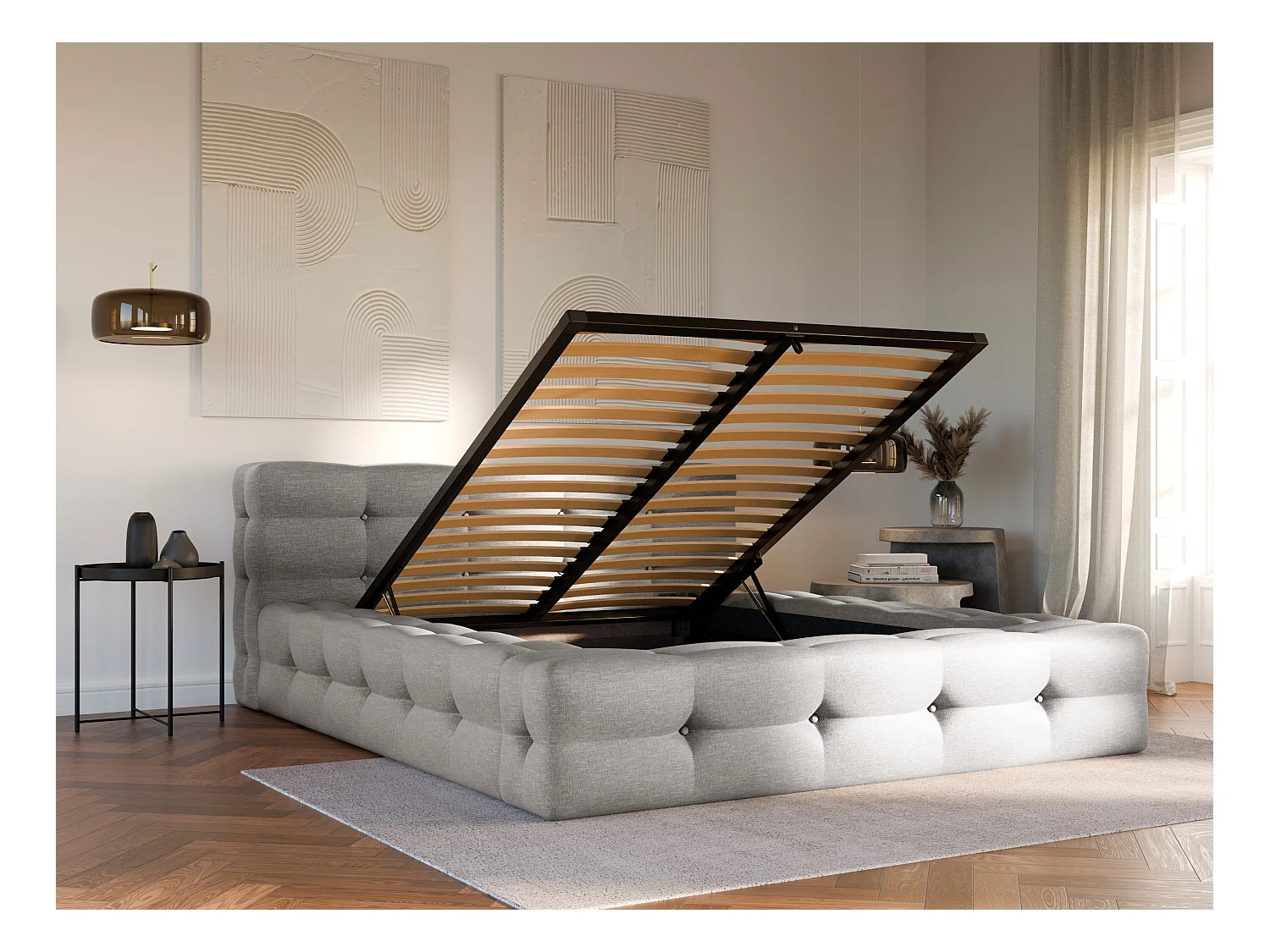 Bed met opbergruimte en capitonnage 140 x 190 cm - Gechineerde stof - Lichtgrijs - LERUCO van Pascal Morabito