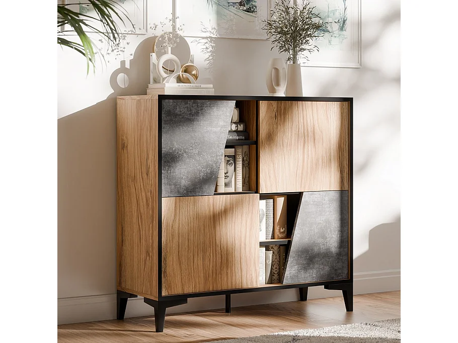 Aparador de roble y hormigón de 90 cm con 4 puertas Ludwig