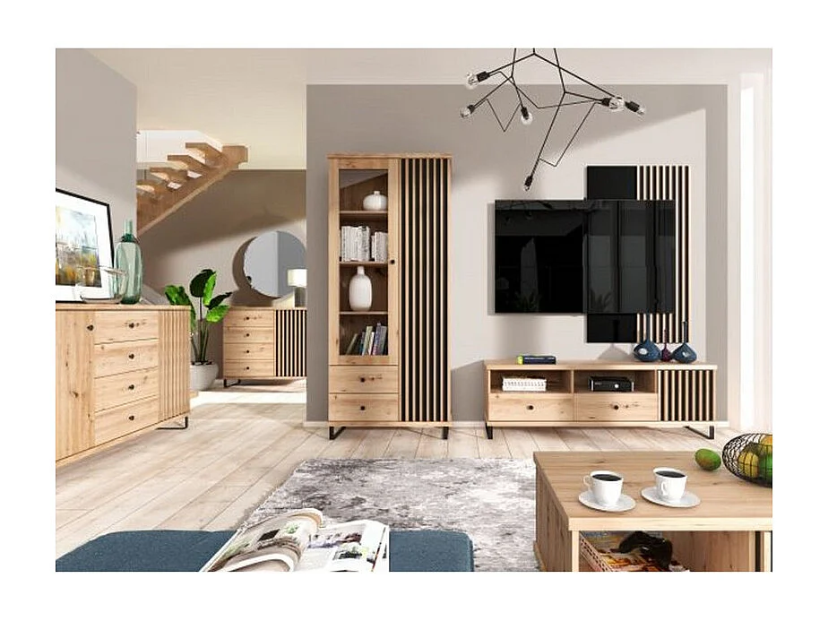 Meuble TV aspect chêne avec pieds en métal noir Hendall