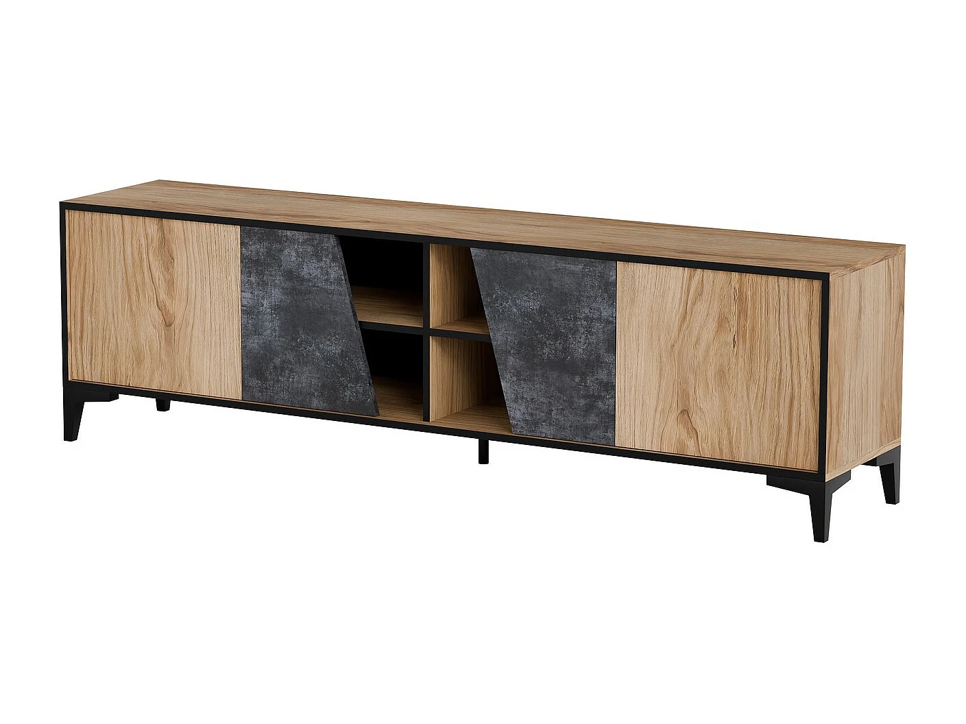 Mueble de TV de diseño Ludwig de 4 puertas en hormigón oscuro y roble