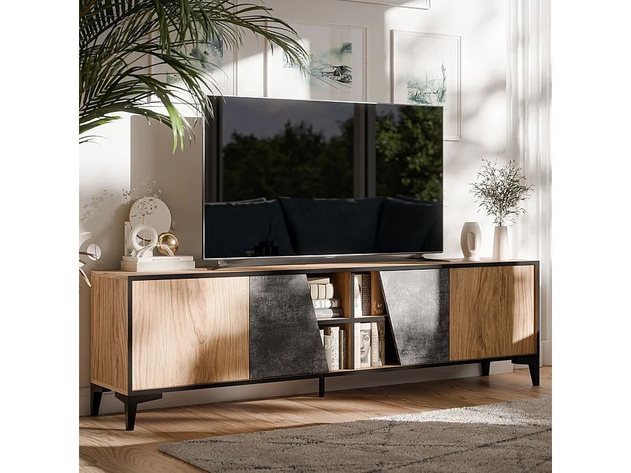 Mueble de TV de diseño Ludwig de 4 puertas en hormigón oscuro y roble