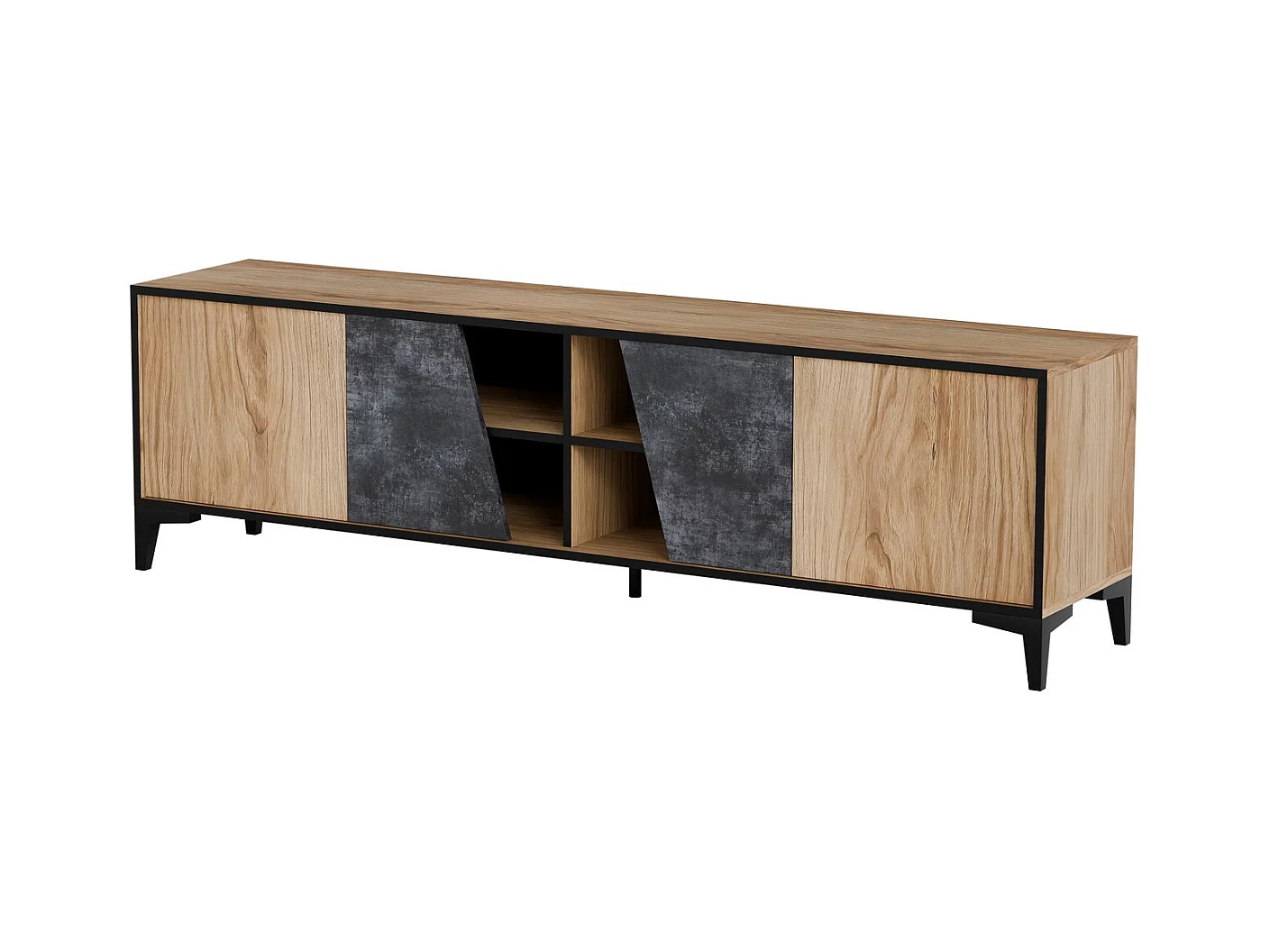 Meuble TV design couleur chêne et béton foncé avec 4 portes Ludwig