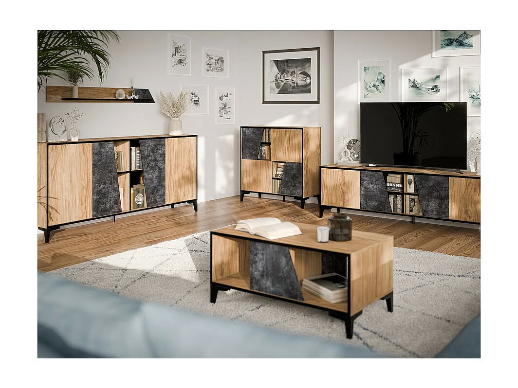 Table basse design couleur chêne et béton foncé 90 x 50 m Ludwig