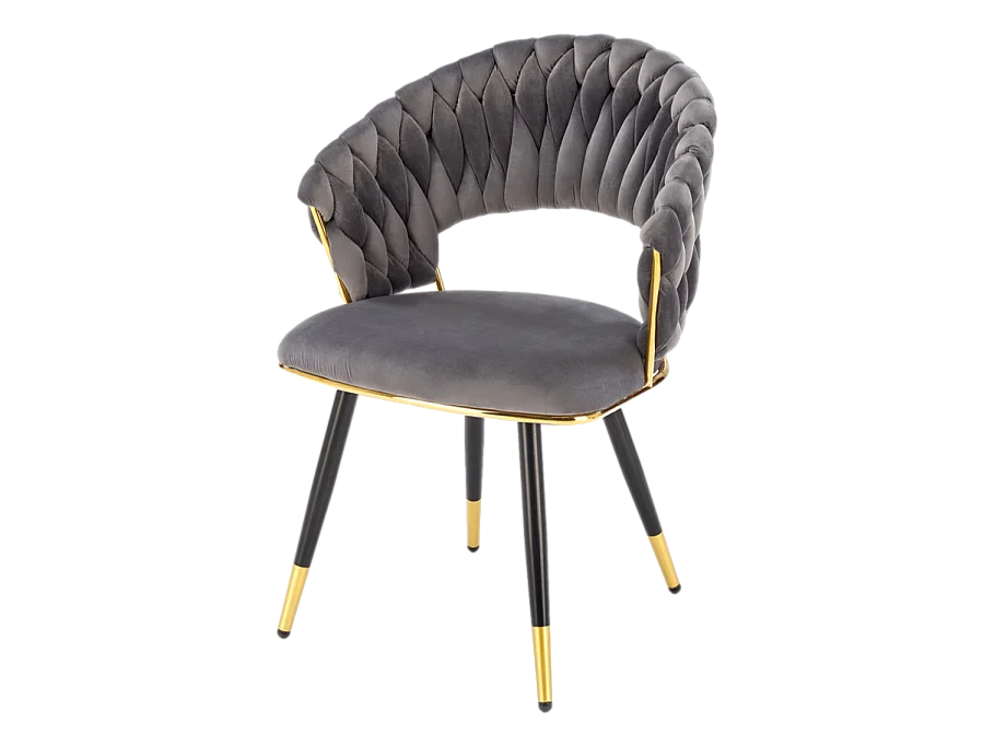 Chaise design en velours gris avec piètement doré et noir Amapola