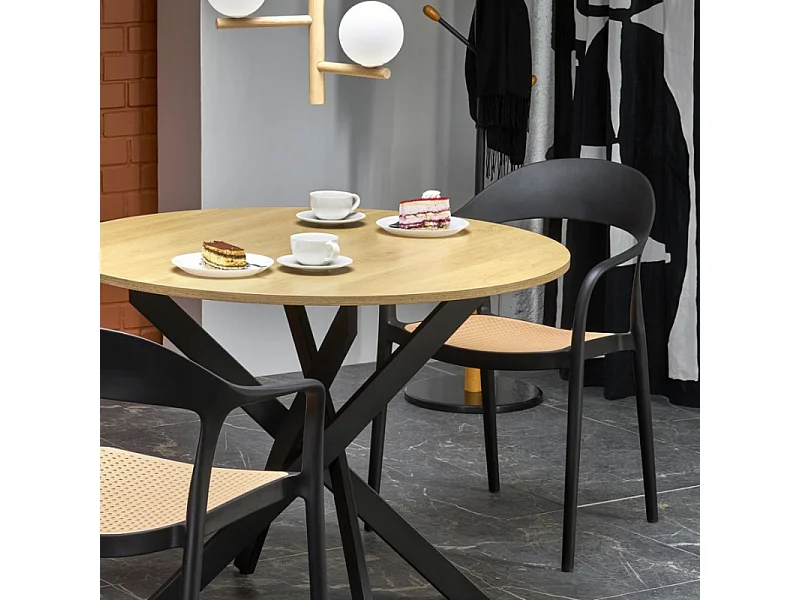 Tavolo da pranzo rotondo da 100 cm con piano in rovere dorato e gambe nere EDGAR