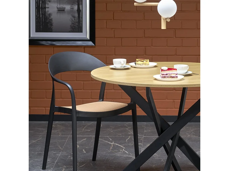 Tavolo da pranzo rotondo da 100 cm con piano in rovere dorato e gambe nere EDGAR