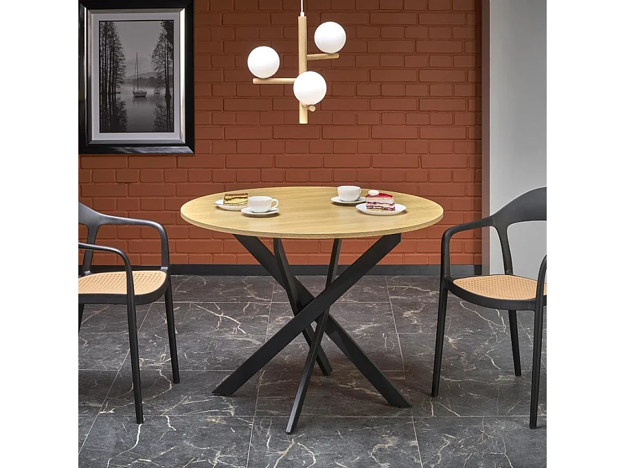 Tavolo da pranzo rotondo da 100 cm con piano in rovere dorato e gambe nere EDGAR