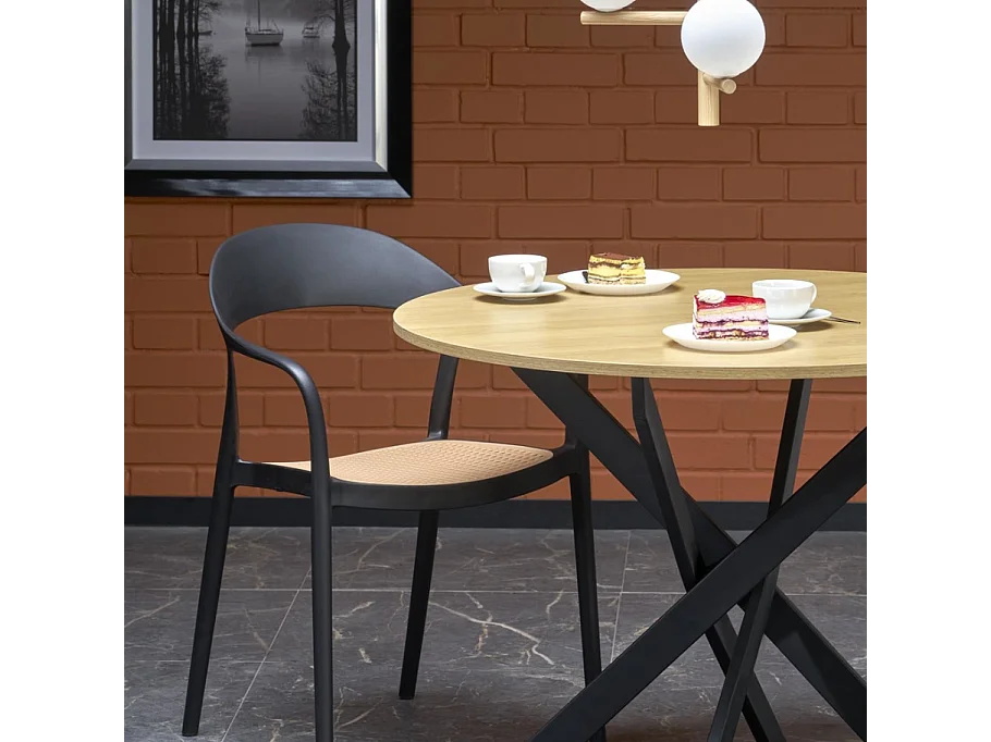 Mesa de comedor redonda de 100 cm con tablero de roble dorado y patas negras EDGAR