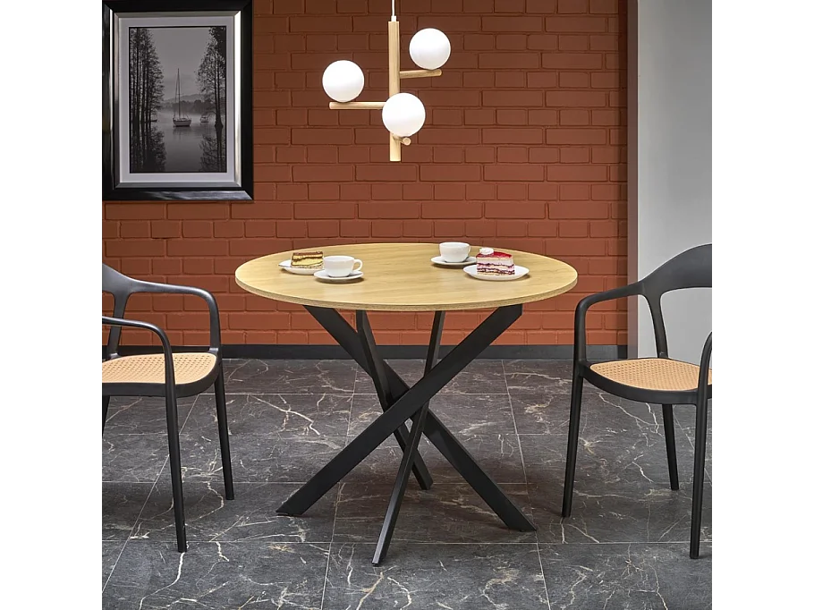 Mesa de comedor redonda de 100 cm con tablero de roble dorado y patas negras EDGAR