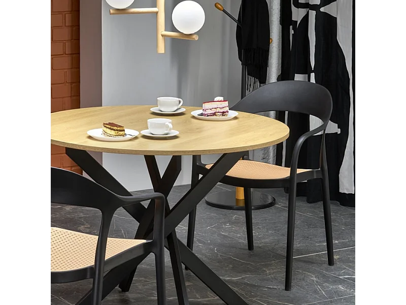 Mesa de comedor redonda de 100 cm con tablero de roble dorado y patas negras EDGAR