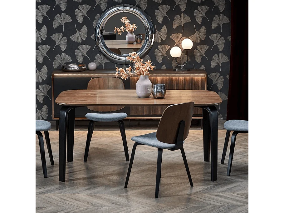 Table à manger rectangulaire 160 cm plateau en bois noyer et pieds en bois noir PEDRO